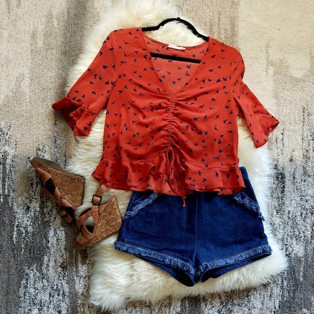 J.O.A. Los Angeles high-waisted, blue jean shorts.